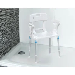 Duschhocker "laguna" mit Hygieneausschnitt, Armlehne, Rückenlehne