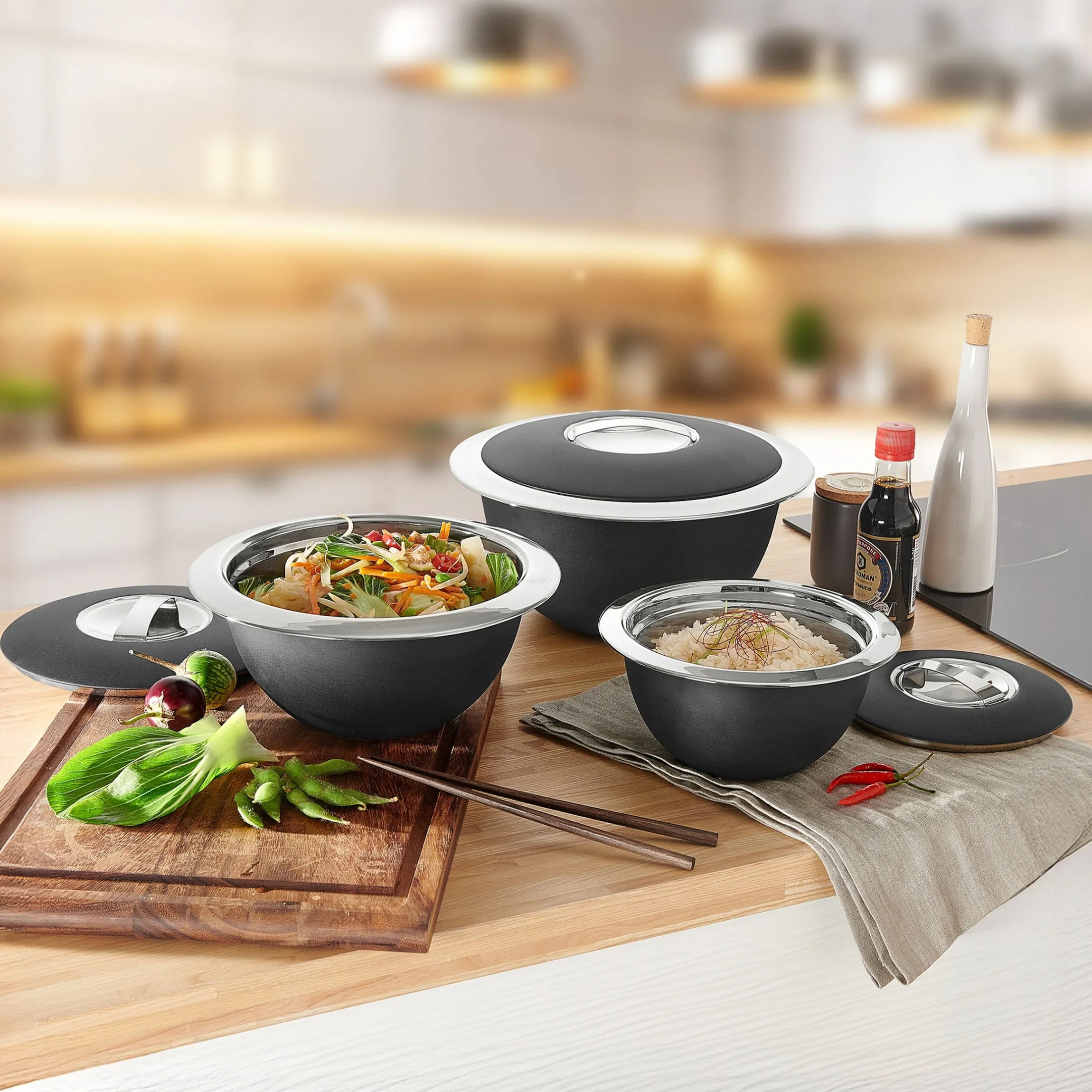 Edelstahl-Thermoschüssel-Set, 3-teilig Set (1 l; 2 l; 3 l)
