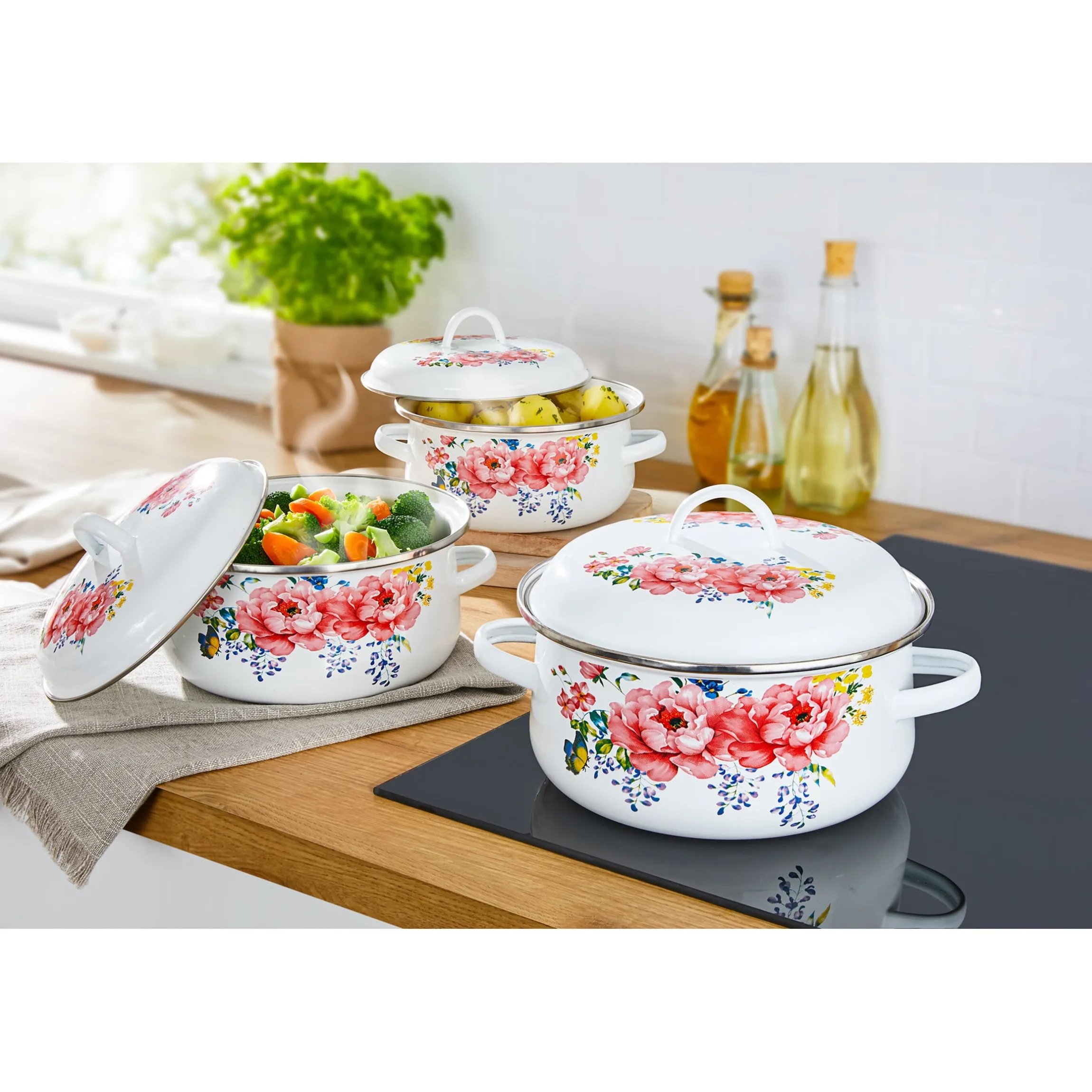 Emaille-Topfset "Sommer-Blüten", 3 Stück