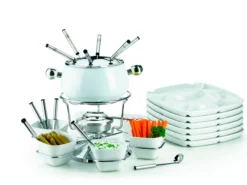 Fondueset, Edelstahl Fondueset 1 x Fonduetopf, 1 x Spritzschutz, 1 x Rechaud mit Drehkarusell, 1 x Brenner, 6 x Fonduegabeln, 6 x Fonduelöffel, 6 x Schälchen, 6 x Fondueteller