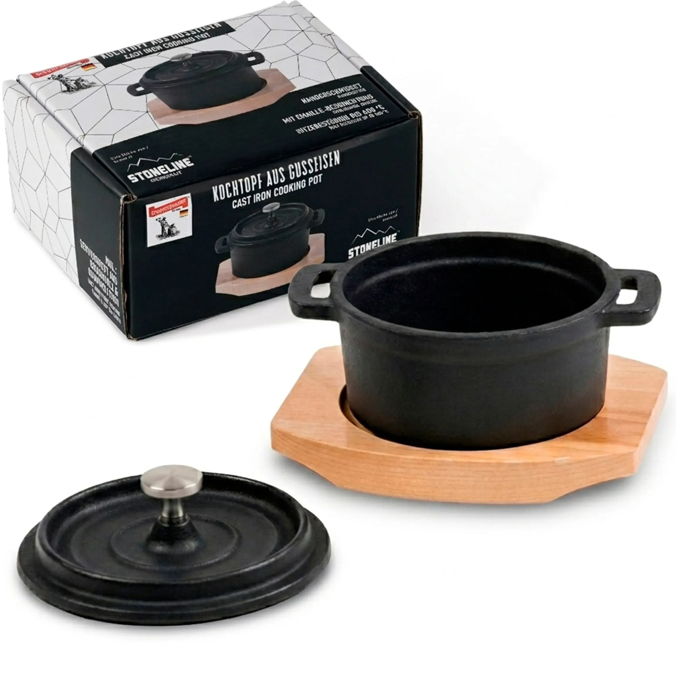 Freyersbacher Mini Cocotte 9 cm Gusseisen, Kleiner Emaille Topf | Rund, mit Brett und Tuch