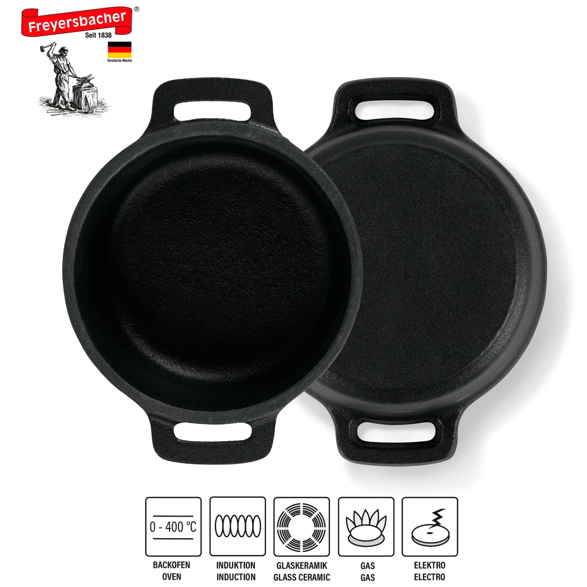 Freyersbacher Mini Cocotte 9 cm Gusseisen, Kleiner Emaille Topf | Rund, mit Brett und Tuch
