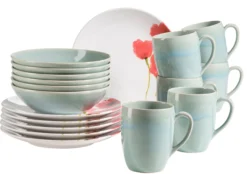 Frühstücksset, Keramik Ossia Mint / Weiß / Rot