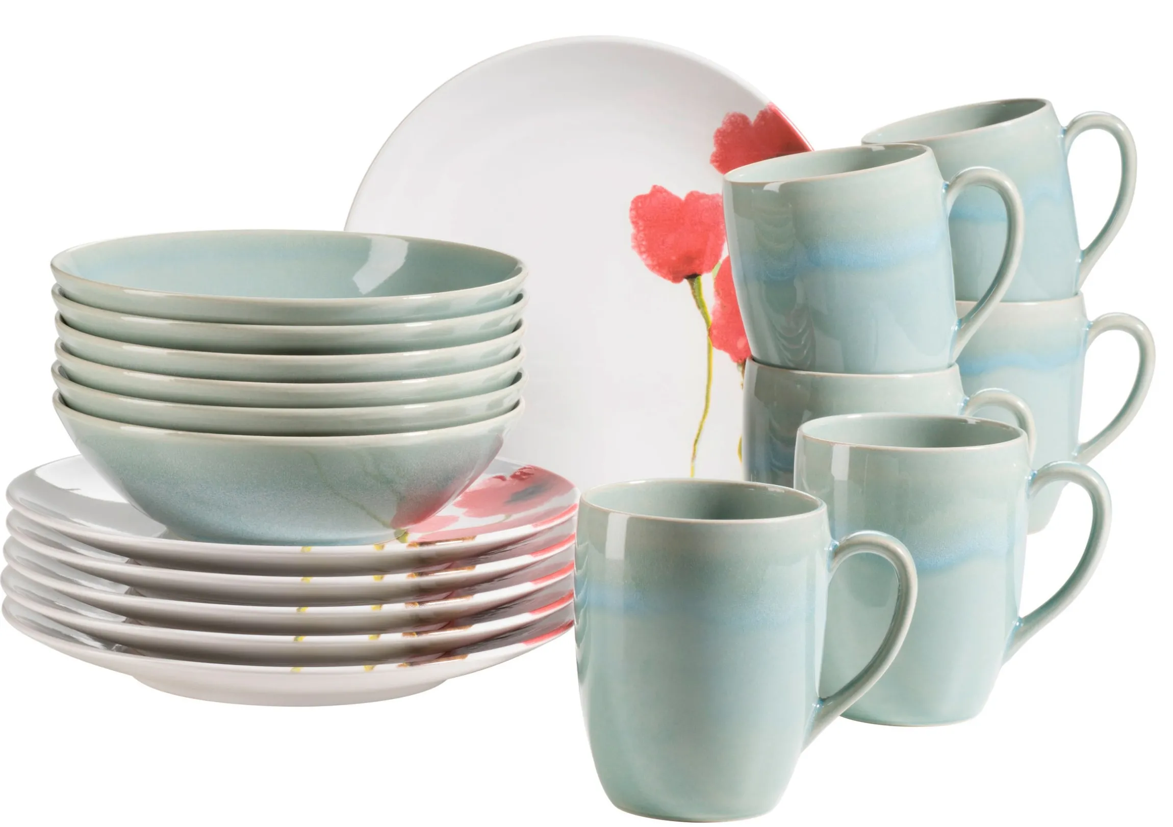 Frühstücksset, Keramik Ossia Mint / Weiß / Rot