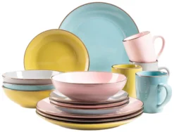 Kombiservice, Steinzeug METALLIC RIM Rosa, Grün, Blau, Grau