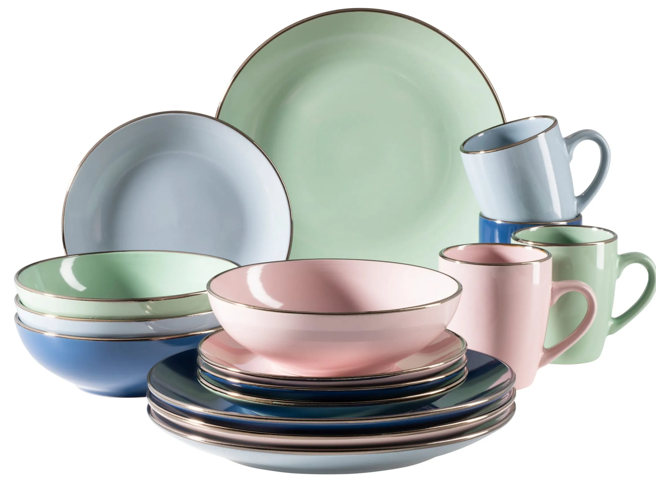 Kombiservice, Steinzeug METALLIC RIM Rosa,Mint,Blau,Dunkelblau