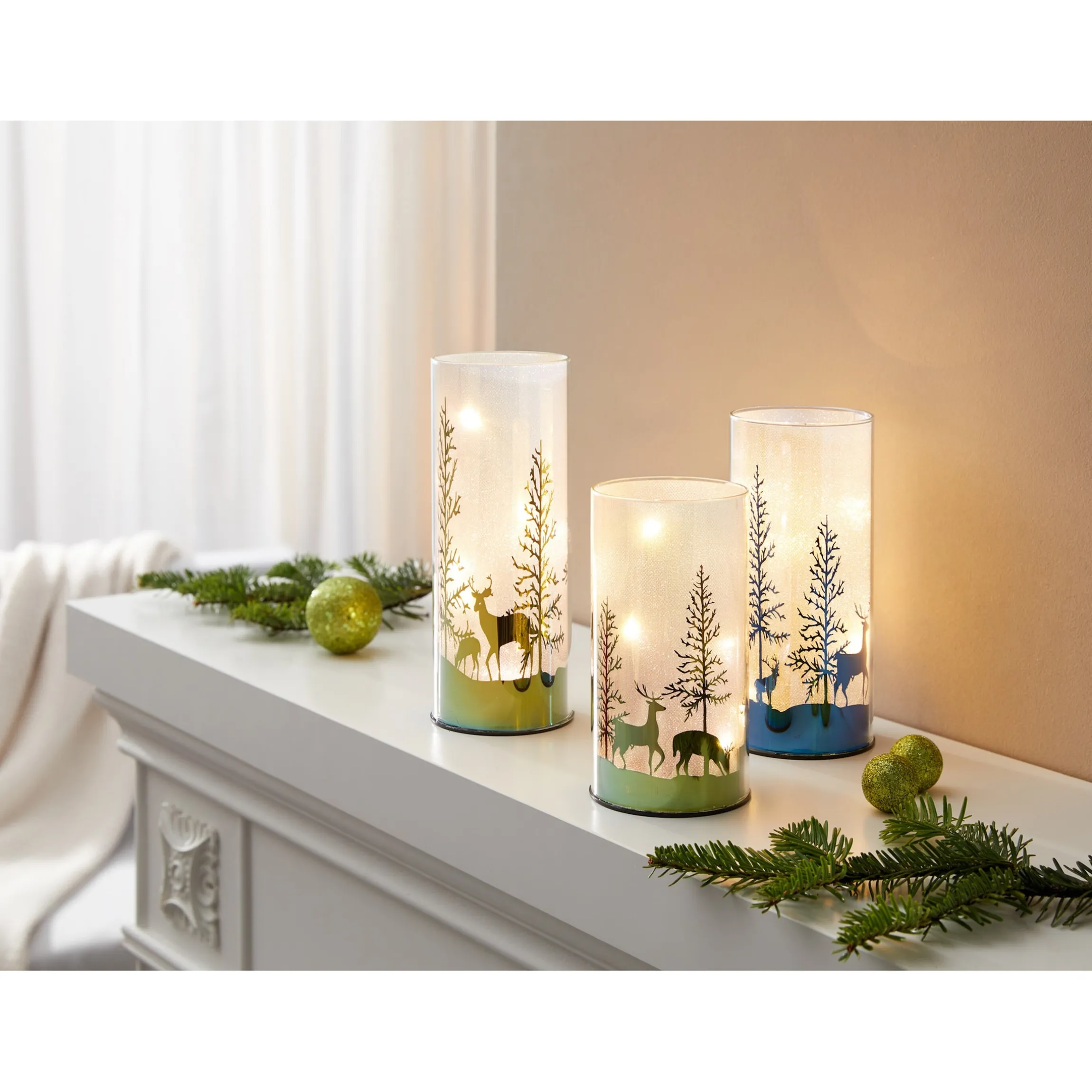 LED-Dekogläser-Set "Winterwald", 3-teilig