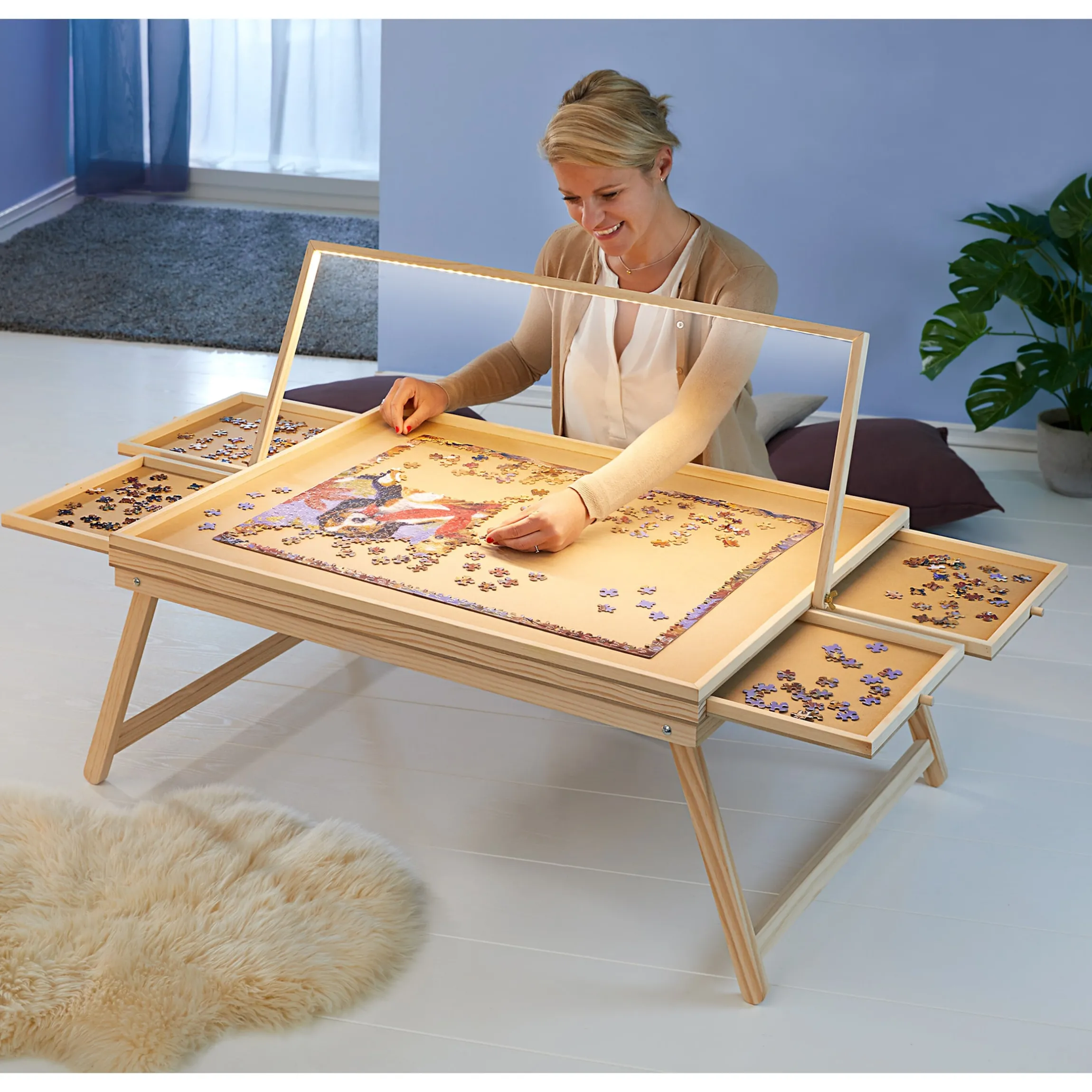 Puzzletisch mit Spielbrett-Deckel + LED-Licht für 1500 Teile