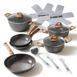 STONELINE CERAMIC Keramik Kochgeschirr-Set 14-teilig | mit Deckeln - Holzoptik