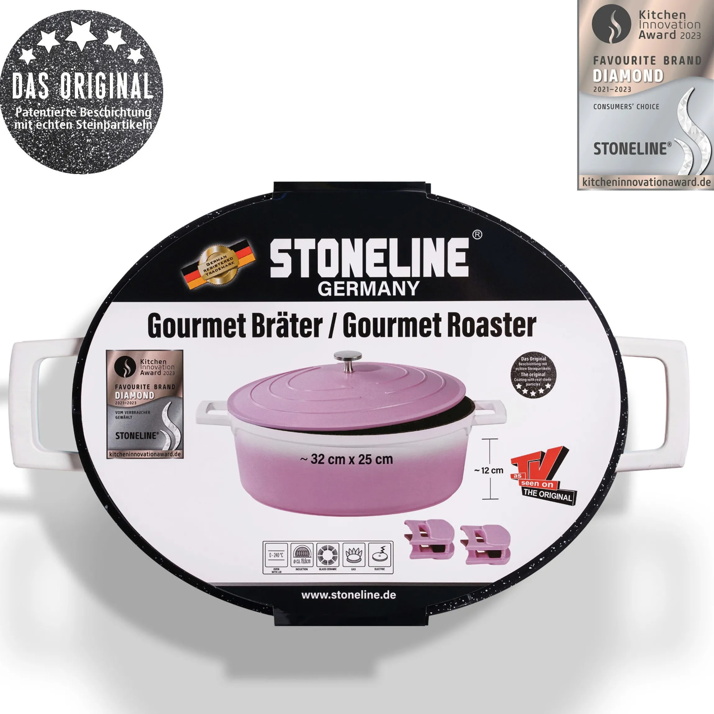 STONELINE Cocotte Bräter Oval 32x25 cm Rosa | mit Deckel