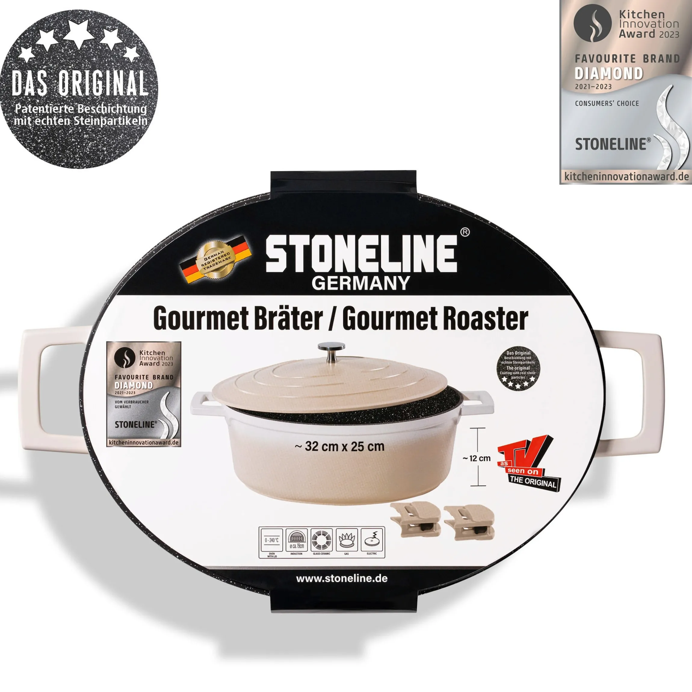 STONELINE Cocotte Bräter Oval 32x25 cm Creme | mit Deckel