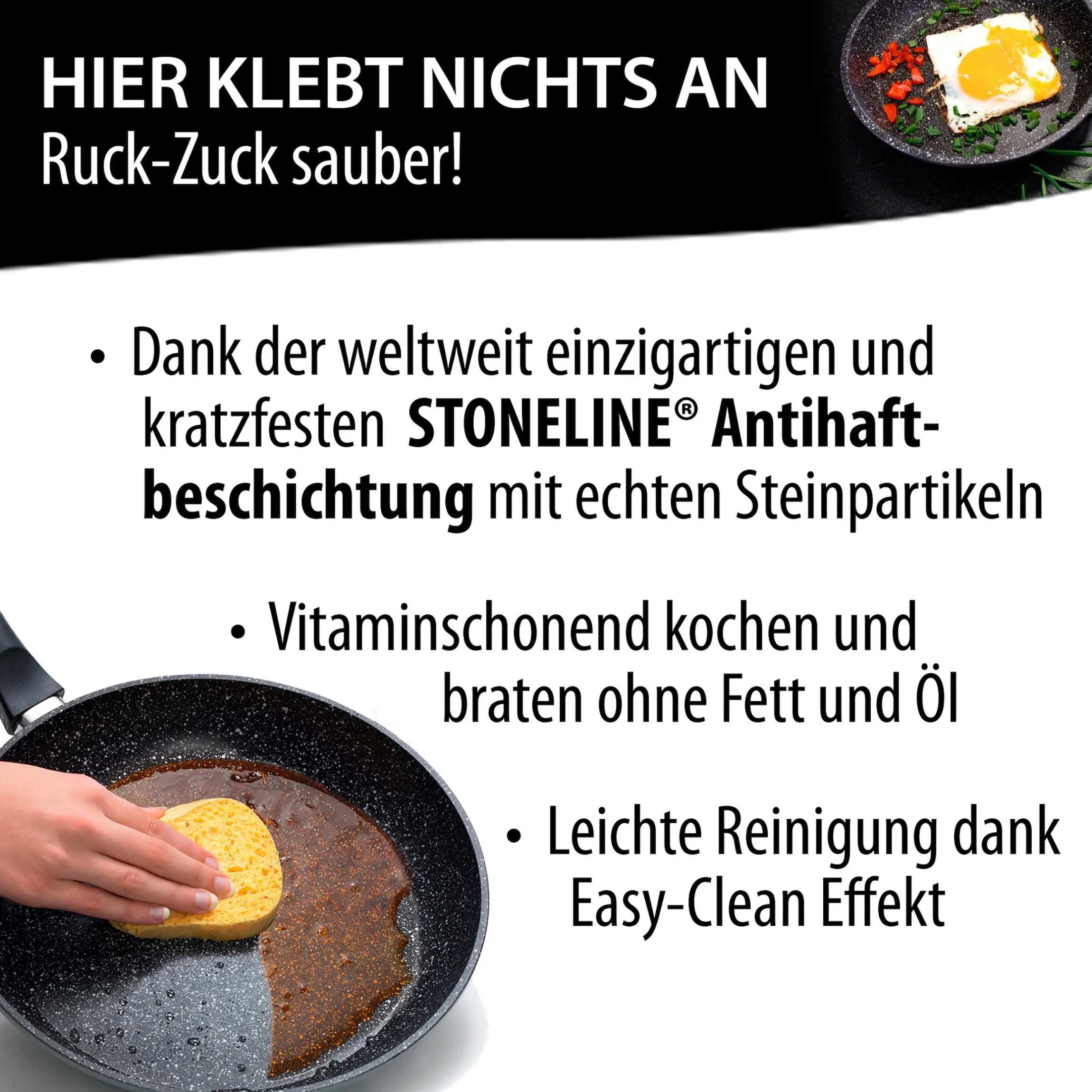 STONELINE Made in Germany Wokpfanne 32 cm mit abnehmbarem Griff | ohne Deckel - Schwarz