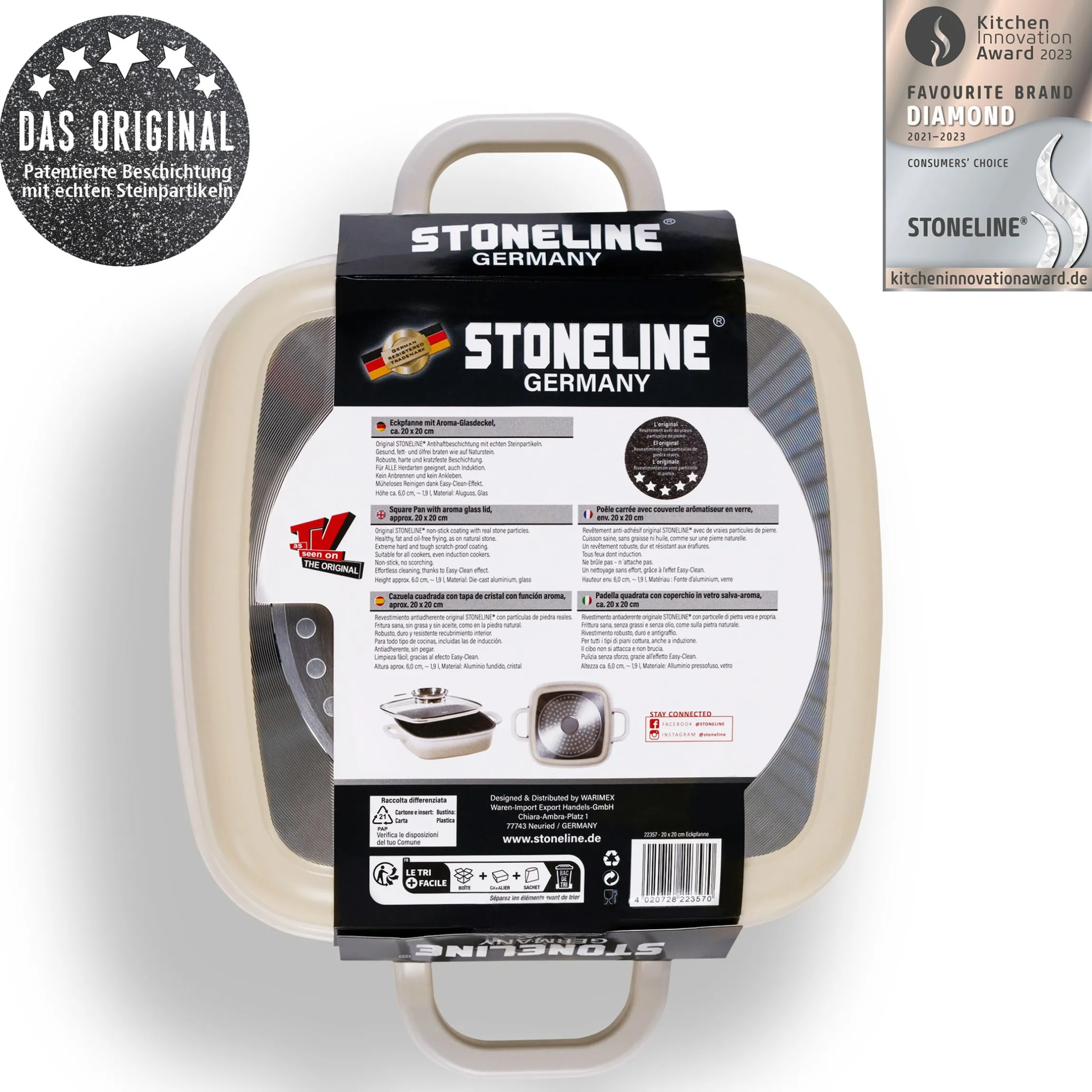 STONELINE Servierpfanne Eckig 20 cm Creme | mit Deckel