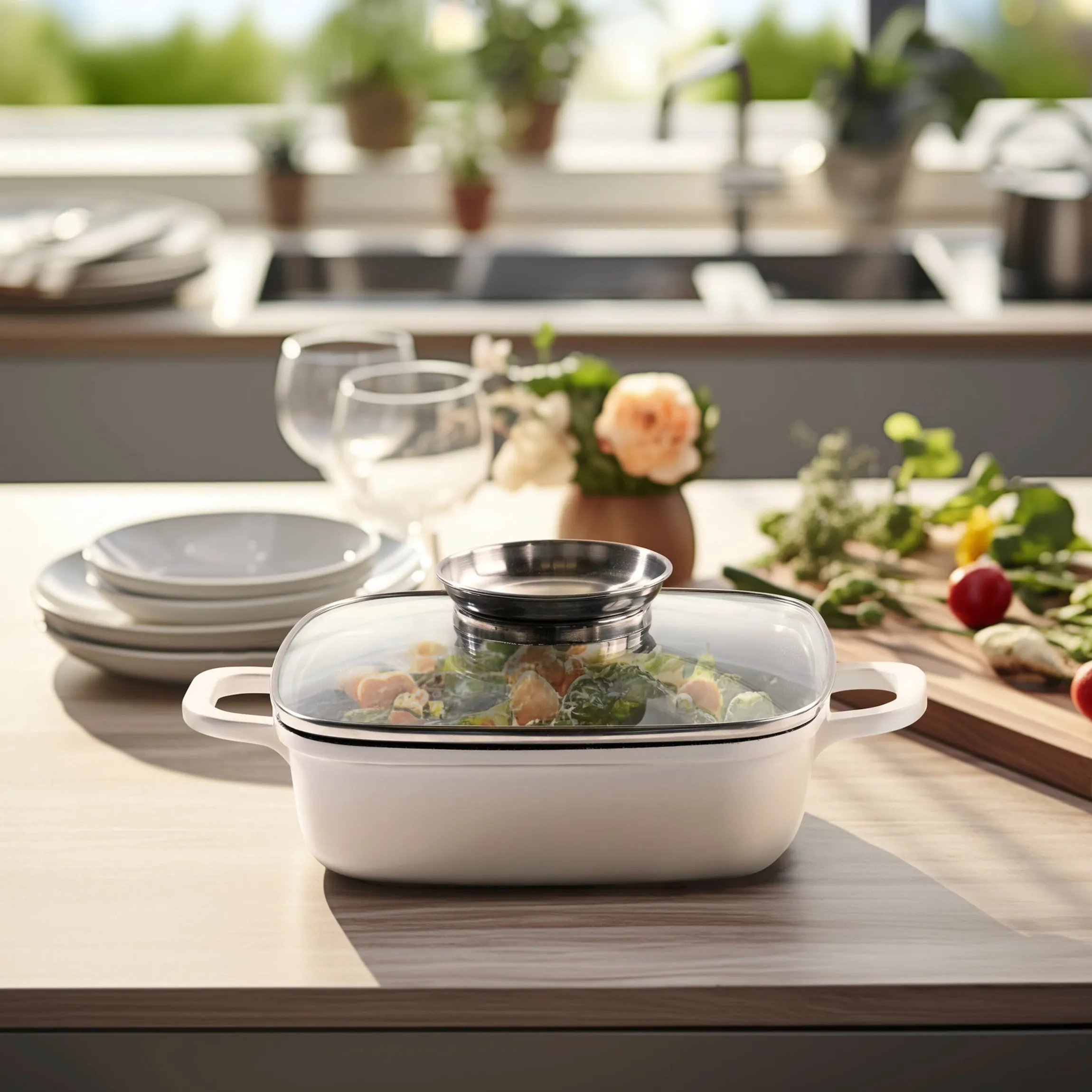 STONELINE Servierpfanne Eckig 20 cm Creme | mit Deckel