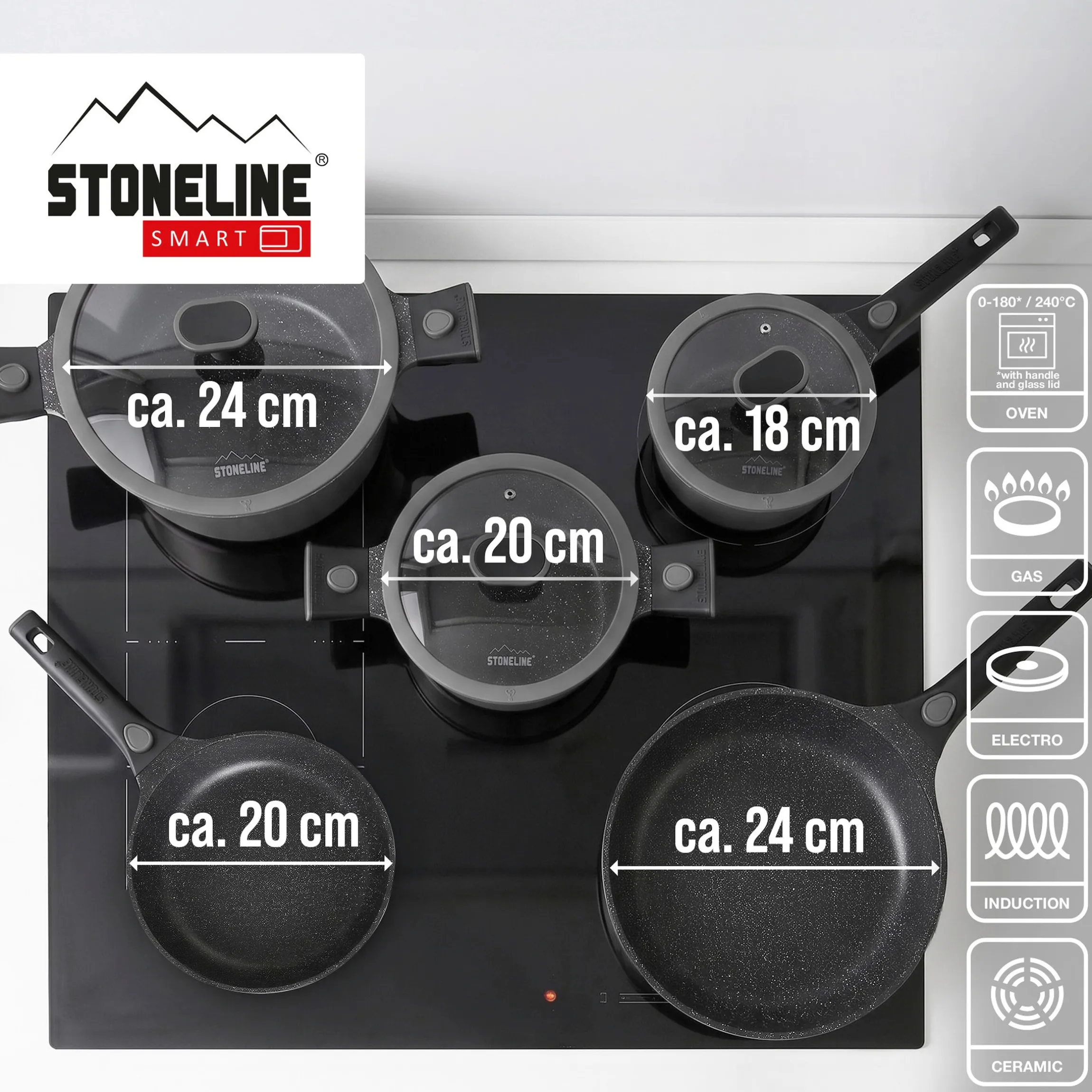 STONELINE SMART Kochgeschirr-Set 8-teilig 18/20/24 | mit Deckeln - Grau