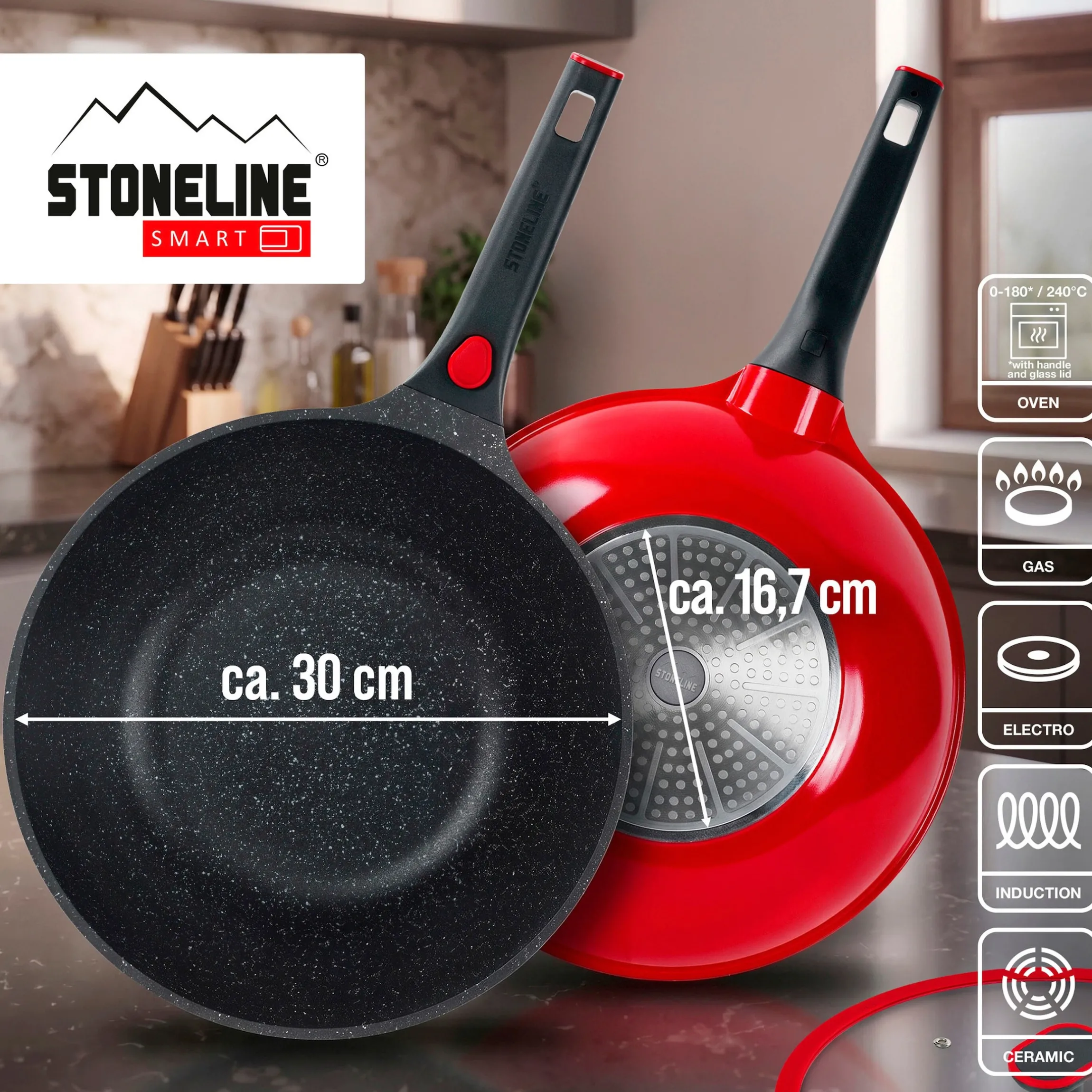 STONELINE SMART Wokpfanne 30 cm | mit Deckel - Rot