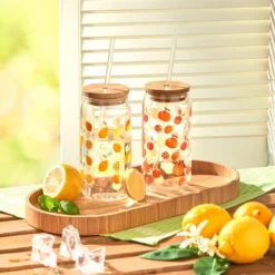 Trinkglas mit Strohhalm & Deckel, 500 ml Orange